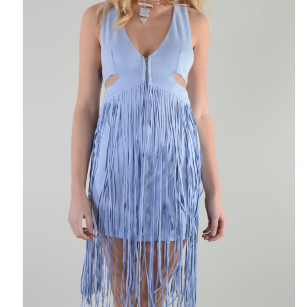 🎉Pastel Blue Suede Dress with Tasseled Bottom!